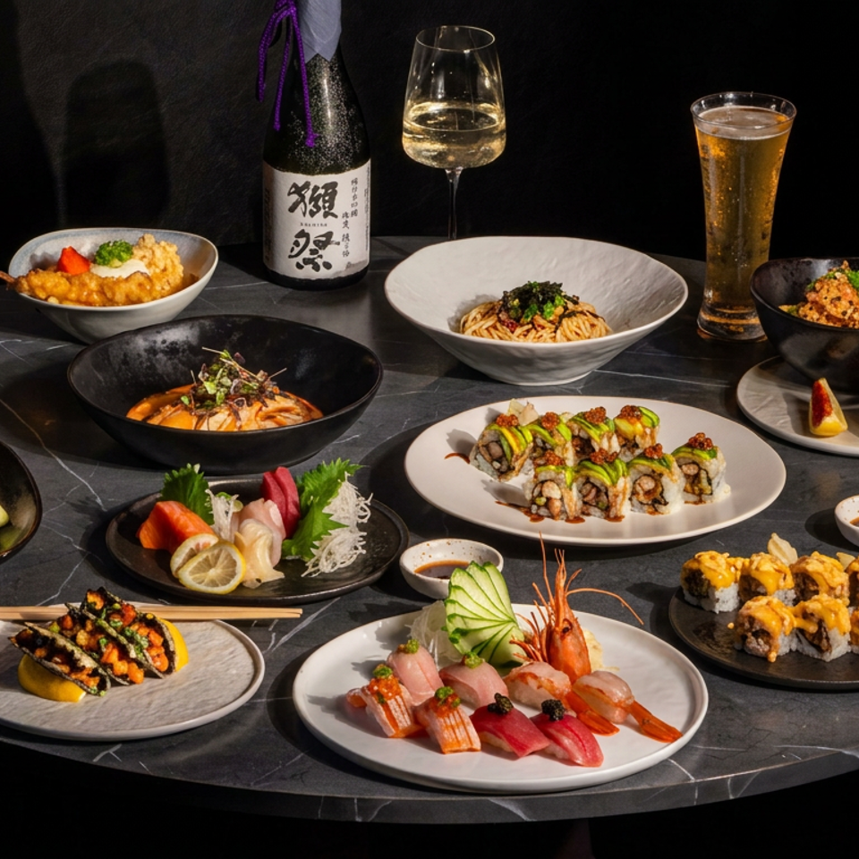 Elegant table spread featuring sushi rolls, sashimi, noodles, appetizers, cocktails, beer, and sake in a dimly lit restaurant setting.