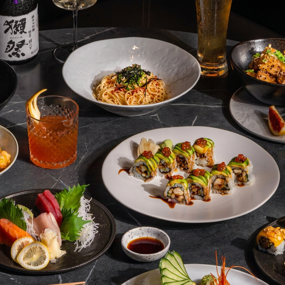 Japanese restaurant spread featuring sushi rolls, sashimi, noodles, fried dishes, dipping sauces, sake, cocktails, and beer on a dark table.