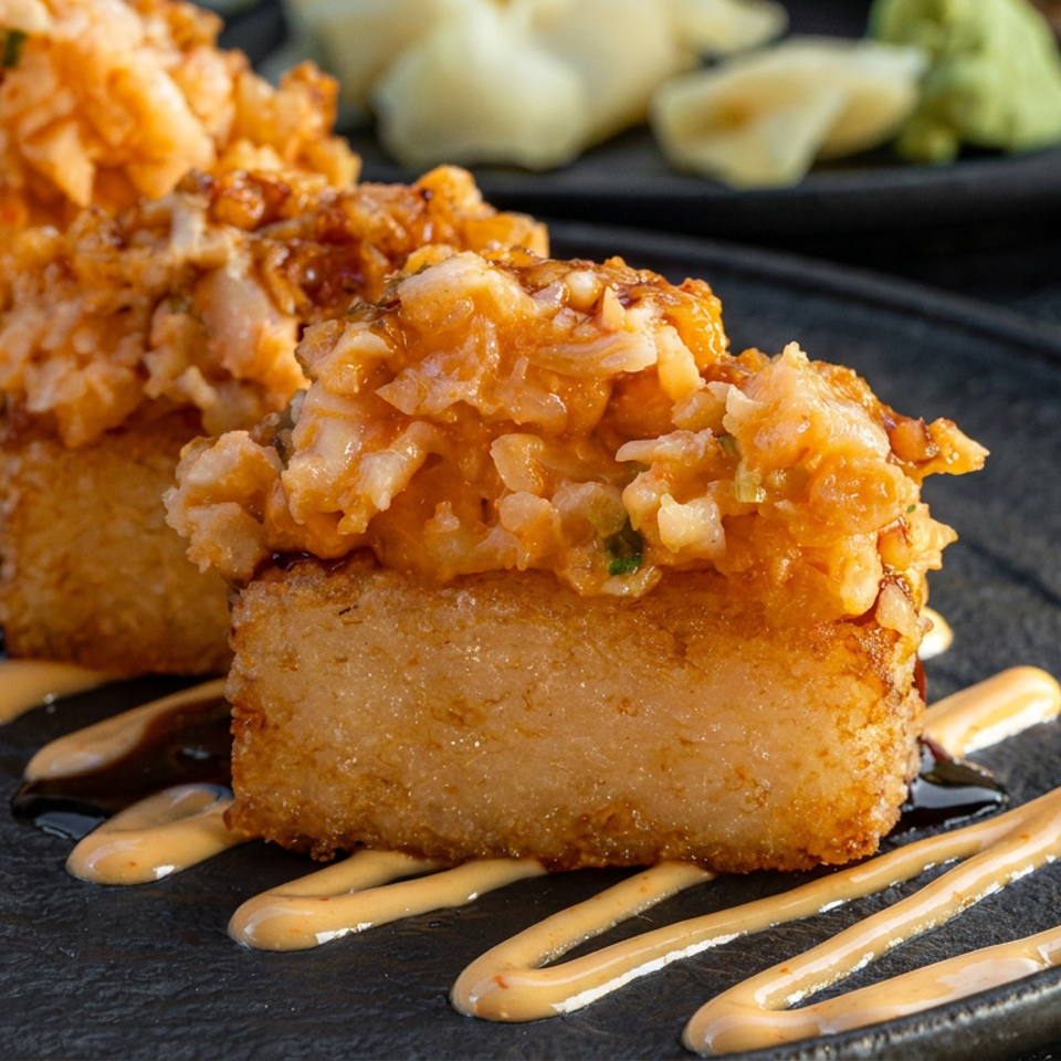 Three golden-brown breaded bites topped with creamy shredded seafood and orange sauce, drizzled with sauce on a black plate.