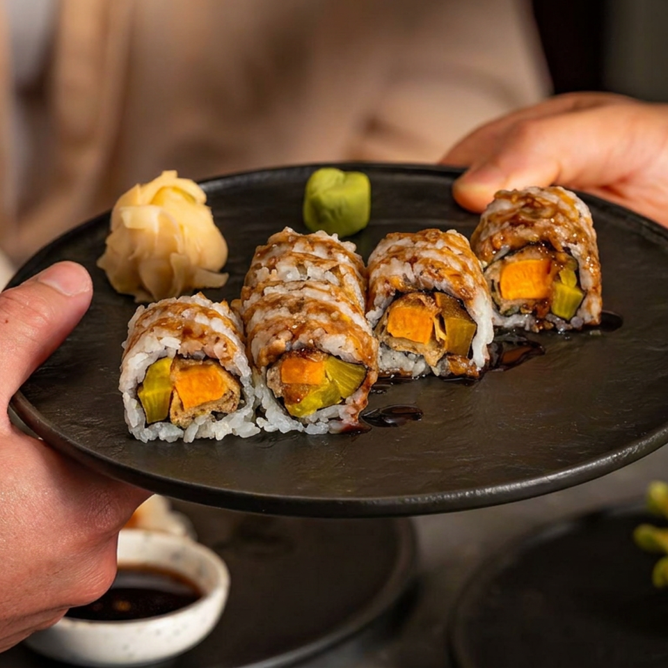 Four sushi rolls with orange and green fillings, pickled ginger, and wasabi served on a black plate held by hands.