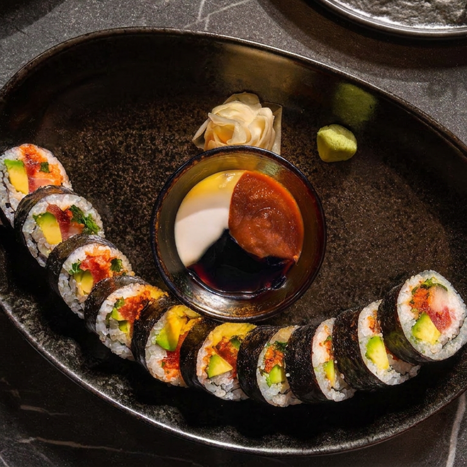 Sliced sushi rolls with avocado and colorful fillings arranged around dipping sauce, pickled ginger, and wasabi on a black plate.