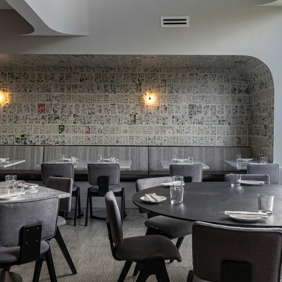 Modern restaurant dining room with marble and round tables, gray upholstered chairs, illustrated walls, pendant lights, and city views.