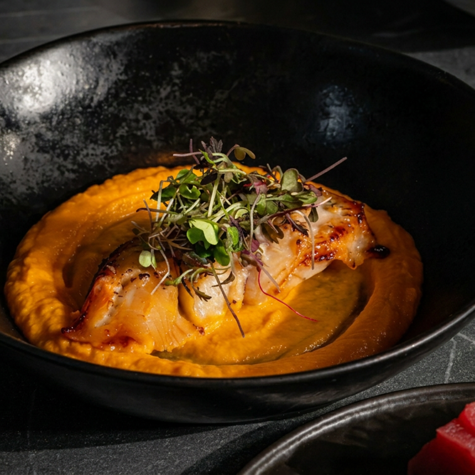 Seared seafood arranged over vibrant orange purée and topped with microgreens in a black bowl.
