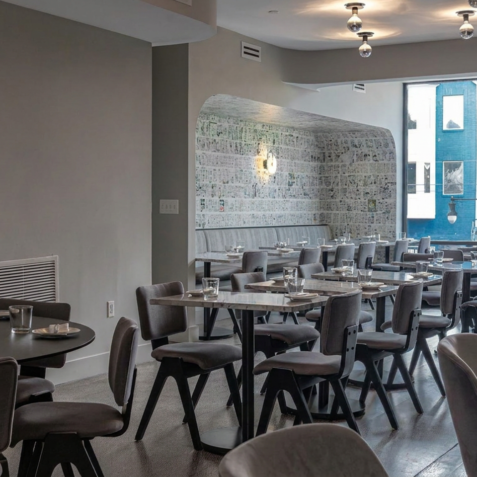Modern restaurant dining room with neatly set tables, gray chairs, pendant lights, and large windows overlooking neighboring buildings.
