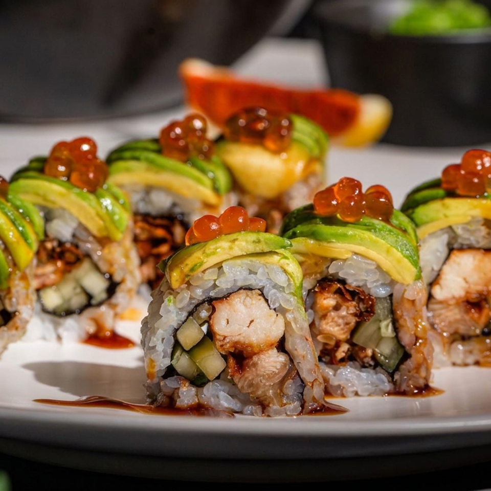 Sushi rolls topped with avocado and salmon roe, filled with fish and vegetables, arranged on a white plate with sauce.